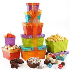 Broadway Basketeers Birthday Gift Tower presentation ready for gifting and celebrations.