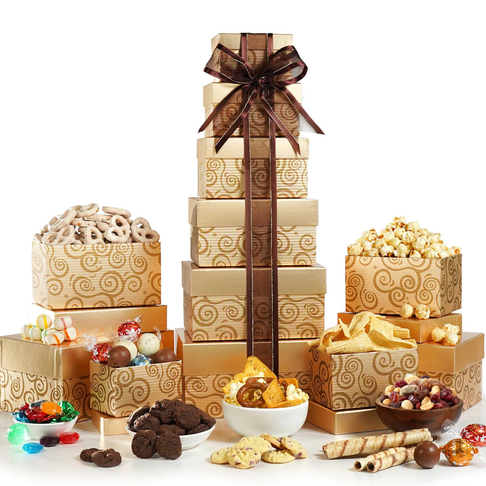 Broadway Basketeers gift tower chocolates highlight premium treats for celebrations.