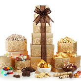 Broadway Basketeers gift tower chocolates highlight premium treats for celebrations.
