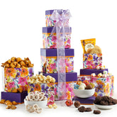 Broadway Basketeers gift tower with stacked boxes showcasing premium packaging for gifting.