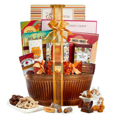 Broadway Basketeers gourmet gift basket wrapped for gifting on special occasions.