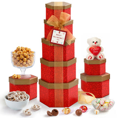 Broadway Basketeers Ruby Red Gift Basket Tower presents a vibrant anniversary-ready presentation.