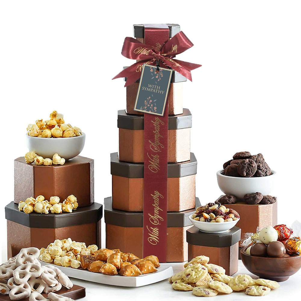Broadway Basketeers sympathy gift basket tower with tiered presentation for comforting condolences