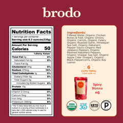 Brodo Spicy Nonna broth pouch open with steam illustrates on-the-go nourishment.