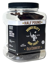 Bronco Billy's Beef Jerky jar label close-up showing authentic old-country hickory flavor