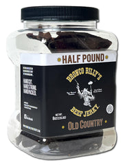 Bronco Billy's Beef Jerky jar label close-up showing authentic old-country hickory flavor