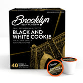 Brooklyn Beans Black and White Cookie pods with vanilla chocolate swirl for a dessert-inspired cup.