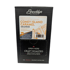 Boxed 40-count Brooklyn Beans Coney Island Caramel Decaf for daily Keurig brewing.