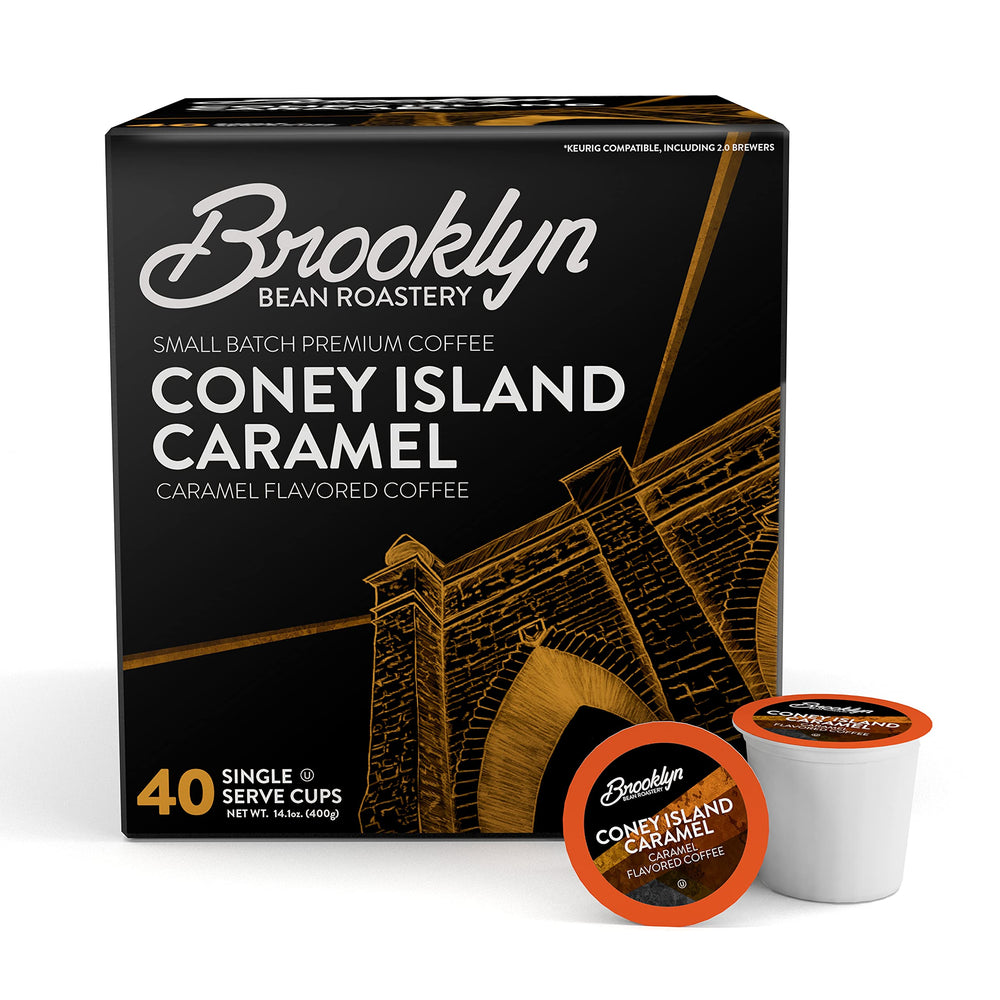 Brooklyn Beans Coney Island Caramel pods in a pack for Keurig brewers.