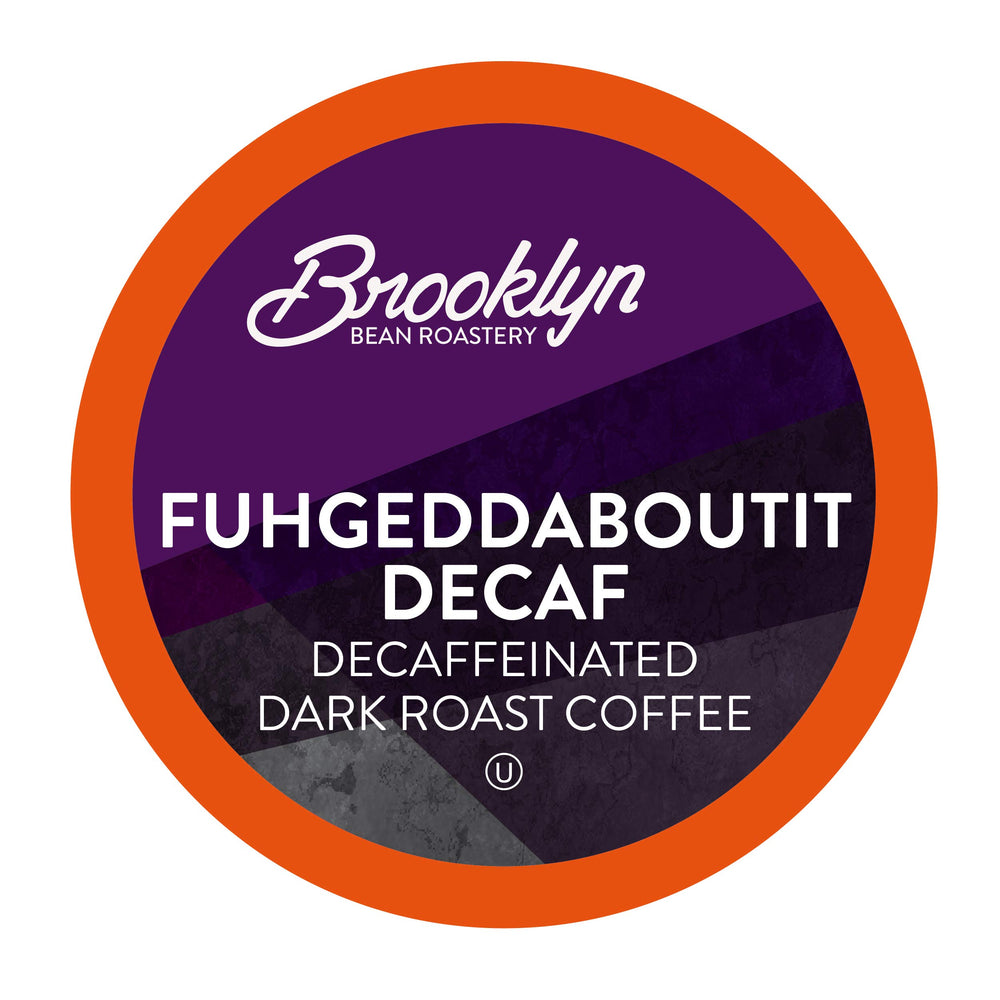 Brooklyn Beans Fuhgeddaboutit Decaf pods close-up, bold caffeine-free flavor for any time.