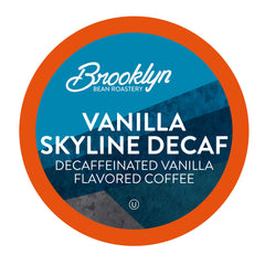 Brooklyn Beans Vanilla Skyline Decaf pods in a 40-count box ready for Keurig brewing.