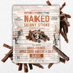 Brooklyn Biltong Naked Skinny Sticks 2oz pack front view, high-protein snack for on-the-go.