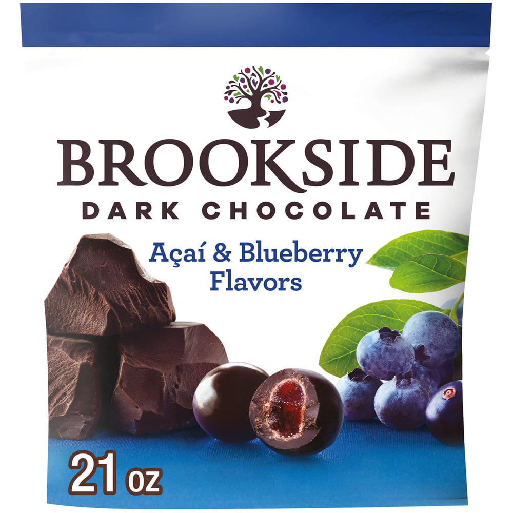 Brookside dark chocolate with acai and blueberry centers in a bag view, ideal for on-the-go snacking.