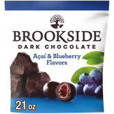 Brookside dark chocolate with acai and blueberry centers in a bag view, ideal for on-the-go snacking.