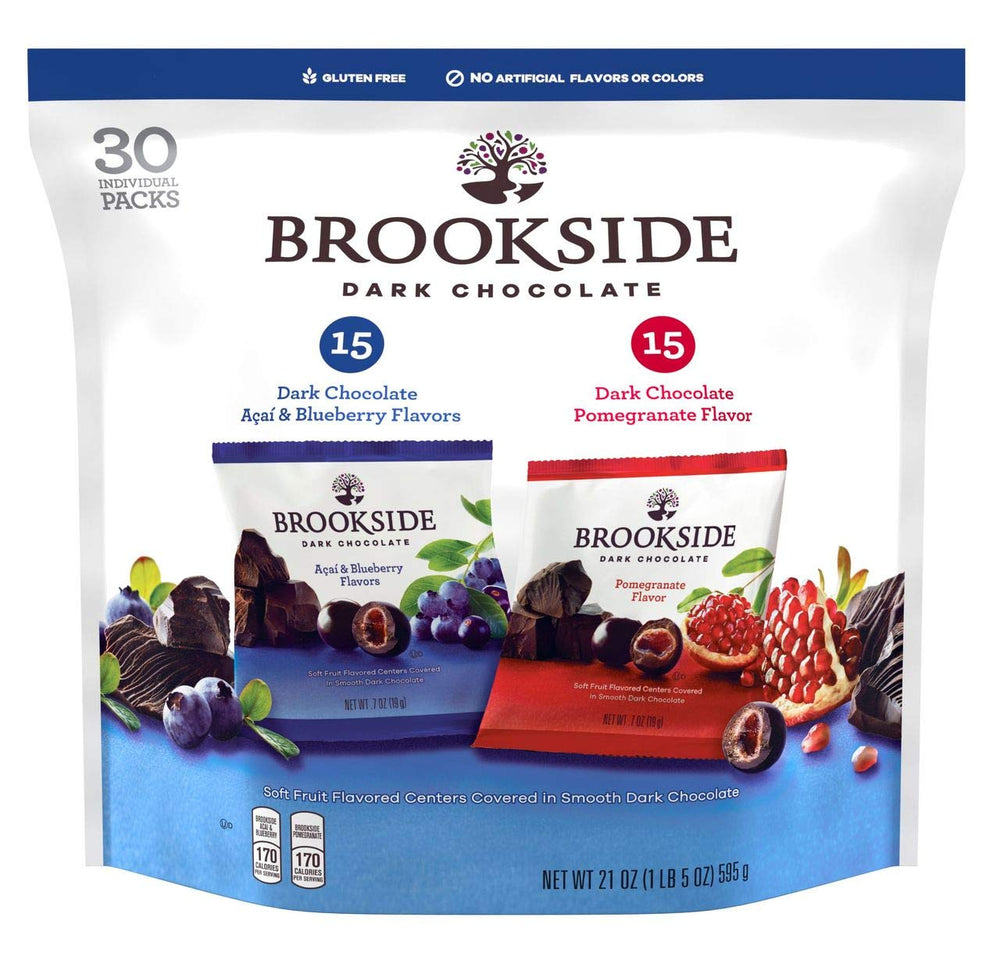 Brookside dark chocolate variety pack box highlighting fruit centers for a gluten-free dessert option.
