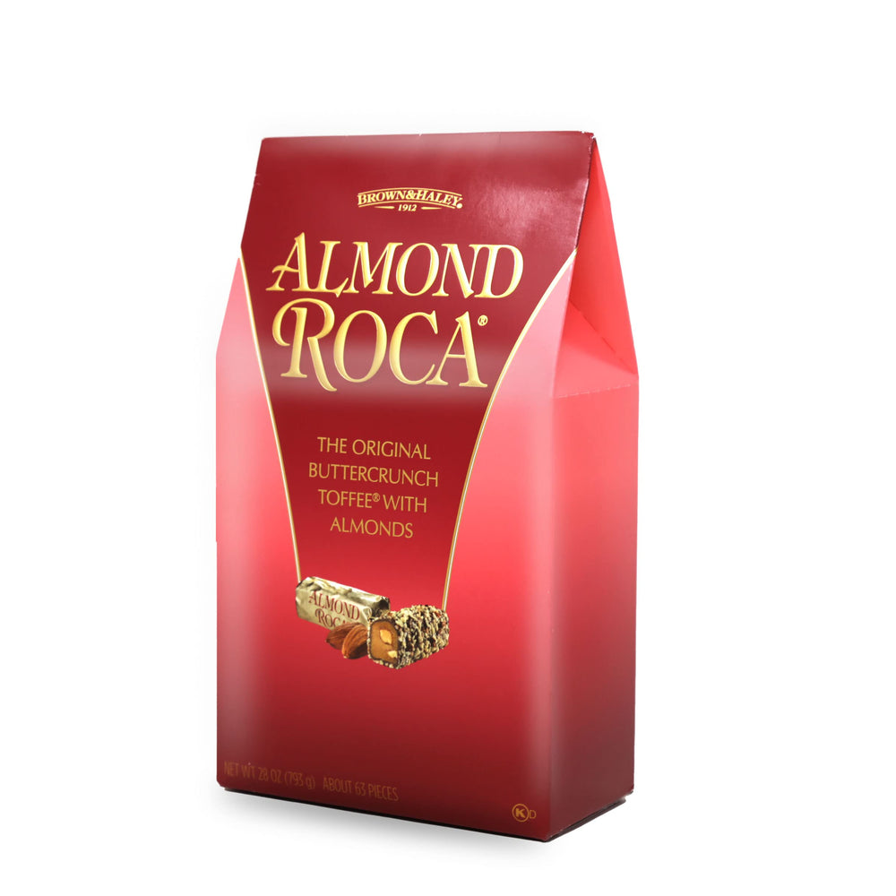 Brown & Haley Almond Roca original toffee pack shot highlights premium buttercrunch texture for gifting.