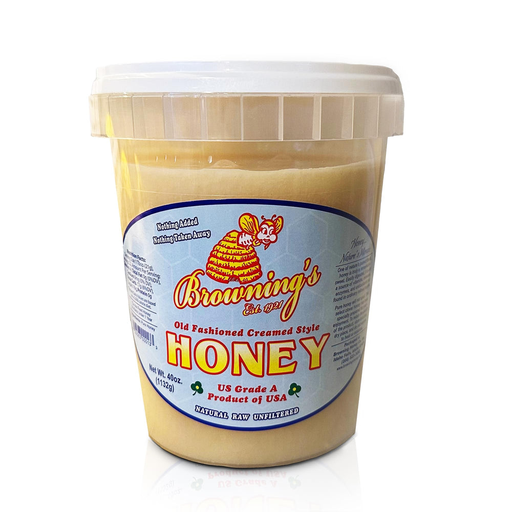 Brownings Creamed Raw Clover Honey 40oz jar, ready to spread on toast for breakfast sweetness.