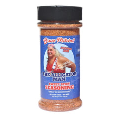 Bruce Mitchell Alligator Man Sweet Spicy Seasoning bottle ready for Cajun cooking