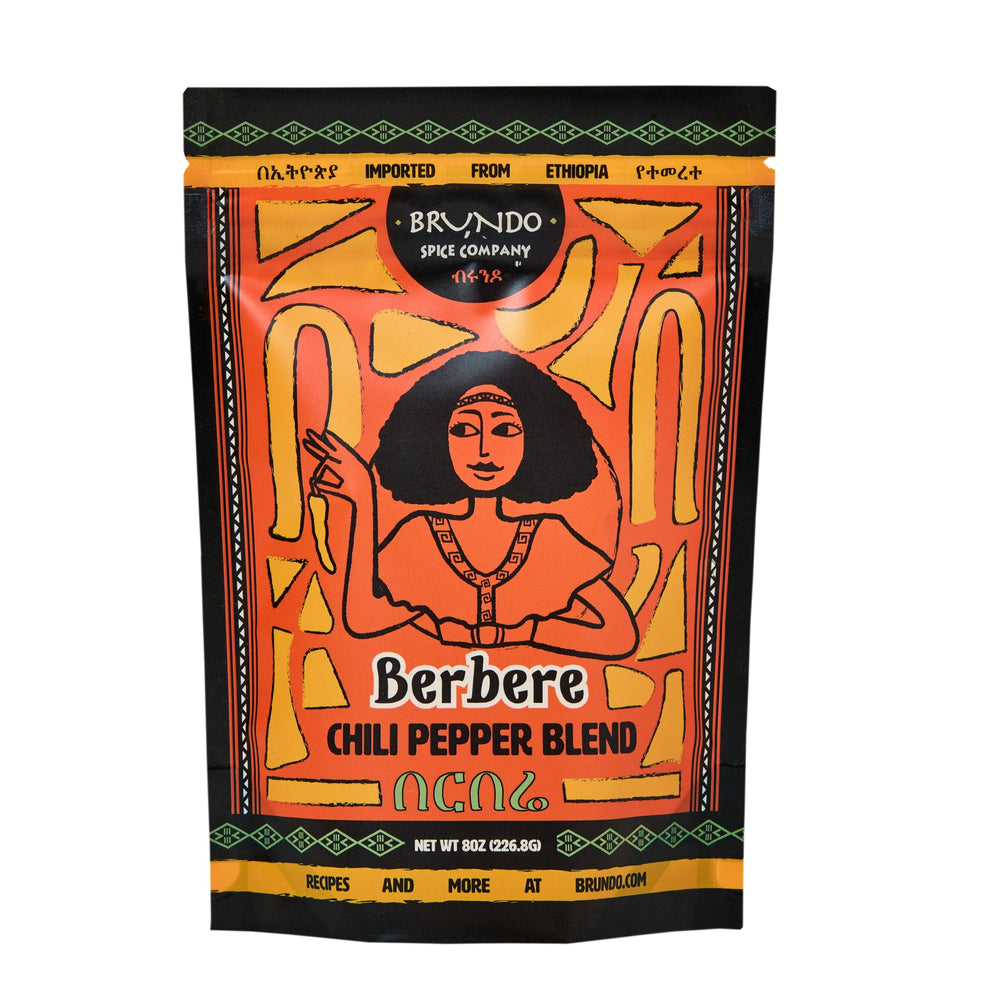 Brundo Spice Berbere blend jar closeup for elevating stews.