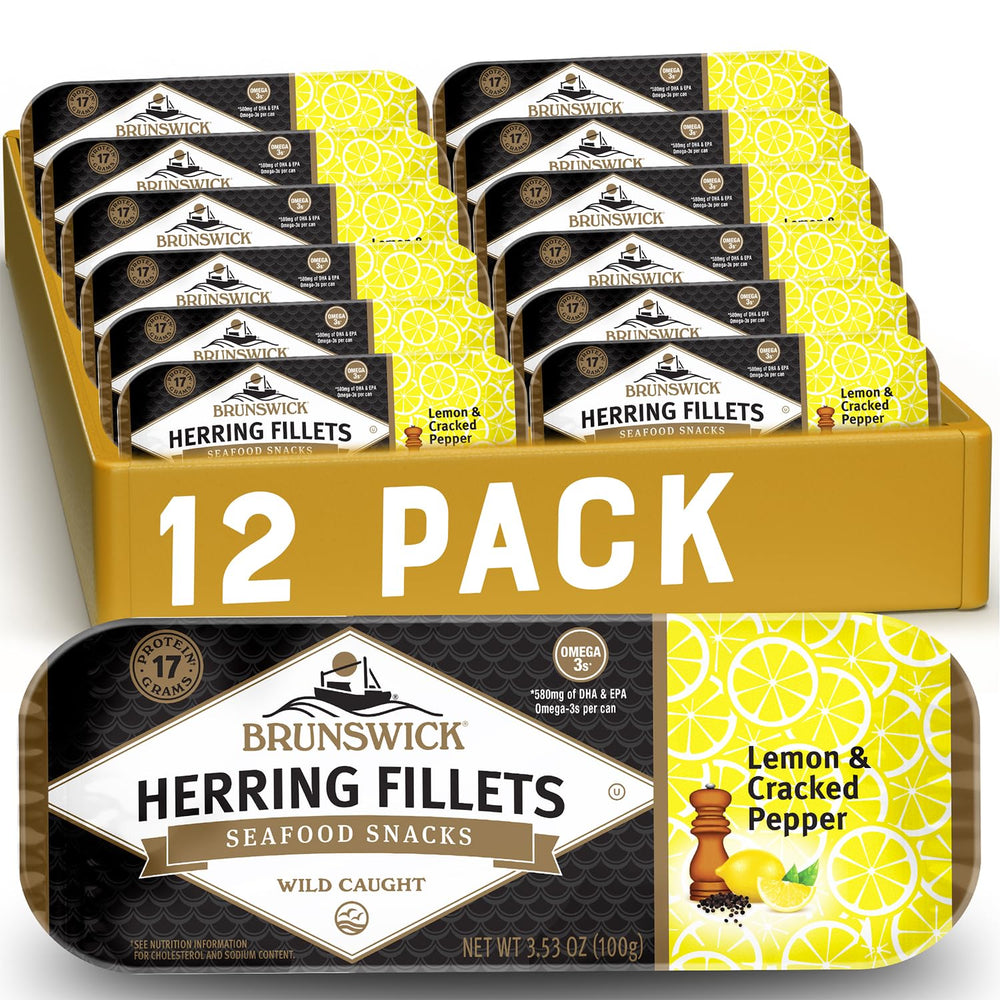 Brunswick herring fillets in lemon and cracked pepper can, protein-packed snack option.