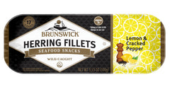 Brunswick Herring Fillets in Lemon & Cracked Pepper can for a quick, protein-packed snack.