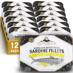 Brunswick Sardines in Mustard & Dill can front, protein-packed pantry staple.