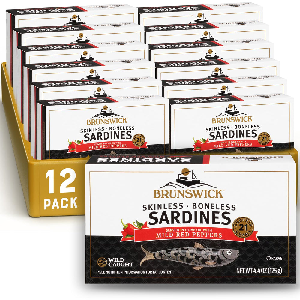 Brunswick sardines in olive oil with red peppers in a can, protein-rich snack