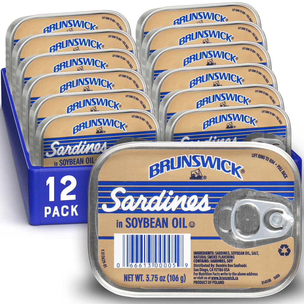 Brunswick wild-caught sardines in soybean oil, a protein-rich pantry staple.