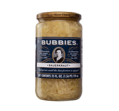 Bubbies Sauerkraut jar on kitchen counter highlighting fresh crunch for toppings