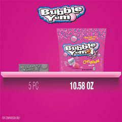 Close-up of Bubble Yum being blown into a bubble for fun on the go.