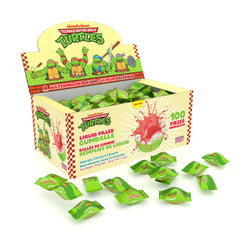 Bubblegum Kids TMNT liquid-filled gumballs with watermelon center for playful snacking and party display.