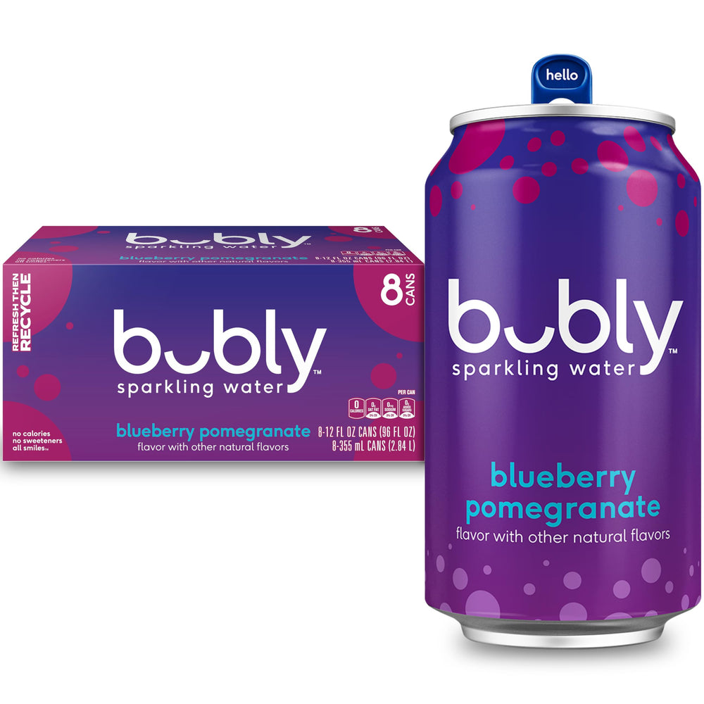 Bubly Blueberry Pomegranate 12oz can front view, crisp flavor and zero calories