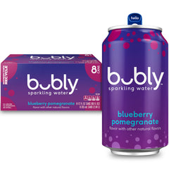Bubly Blueberry Pomegranate 12oz can front view, crisp flavor and zero calories