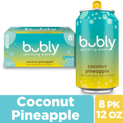 Bubly Coconut Pineapple label closeup highlights natural fruit flavor.