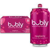 Bubly Raspberry sparkling water cans with crisp bubbles and zero calories.