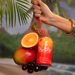 Bubly Tiki Sunrise poured into a glass for at-home tasting
