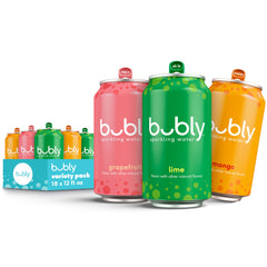 Bubly Tropical Thrill pack front view highlights vibrant flavors and zero calories.