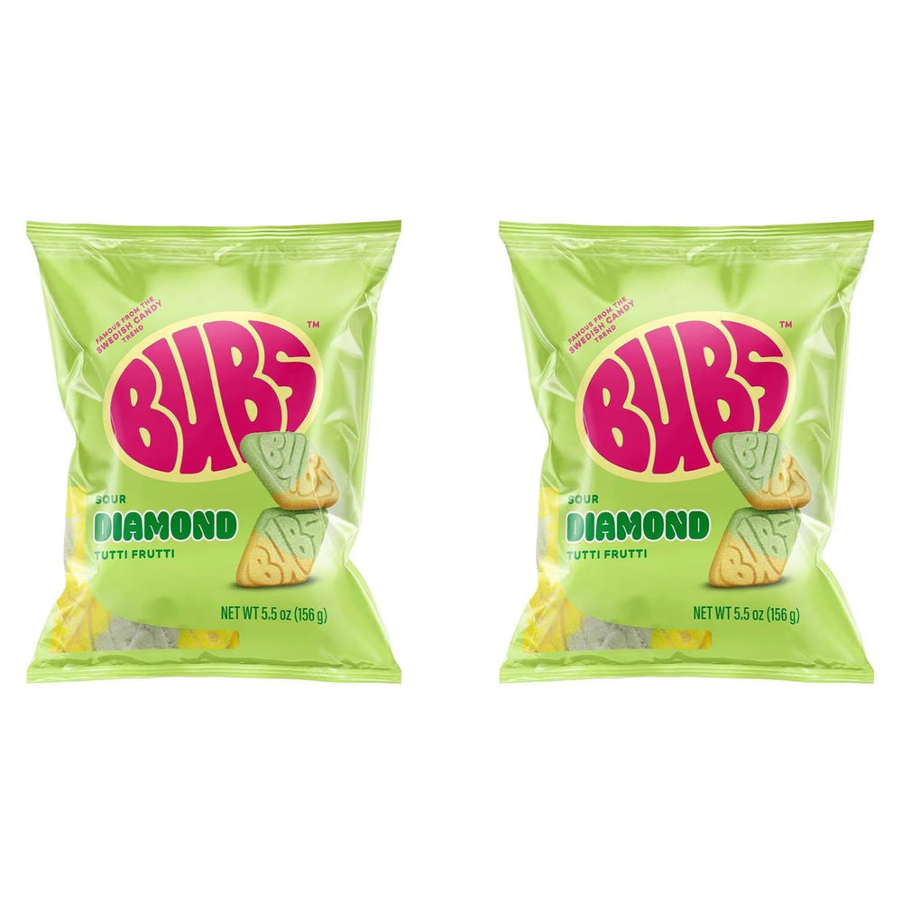 BUBS Sour Tutti Frutti Diamond Foam candy 2-pack bag, tangy vegan treat for sharing.