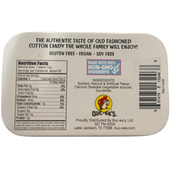 Close-up of Buc-ees mint tin highlighting cotton candy flavor.