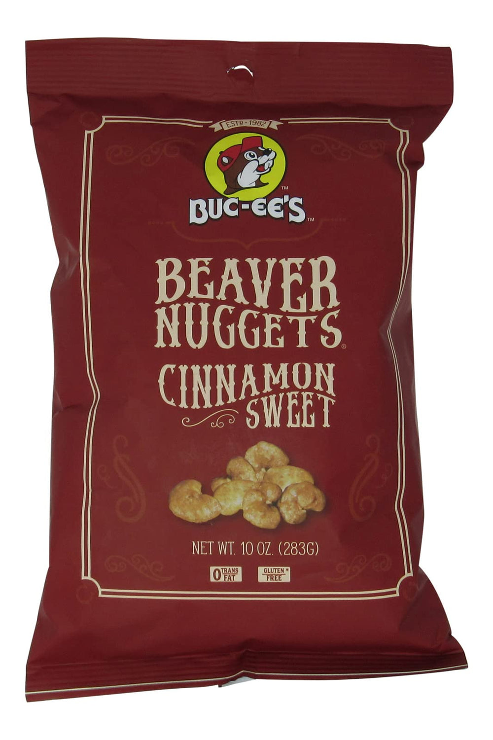 Buc-ee's Beaver Nuggets Cinnamon Sweet Puffs front view, gluten-free snack for on-the-go enjoyment.