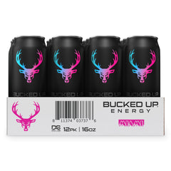Bucked Up Energy 12-pack box offers bulk convenience for daily use.