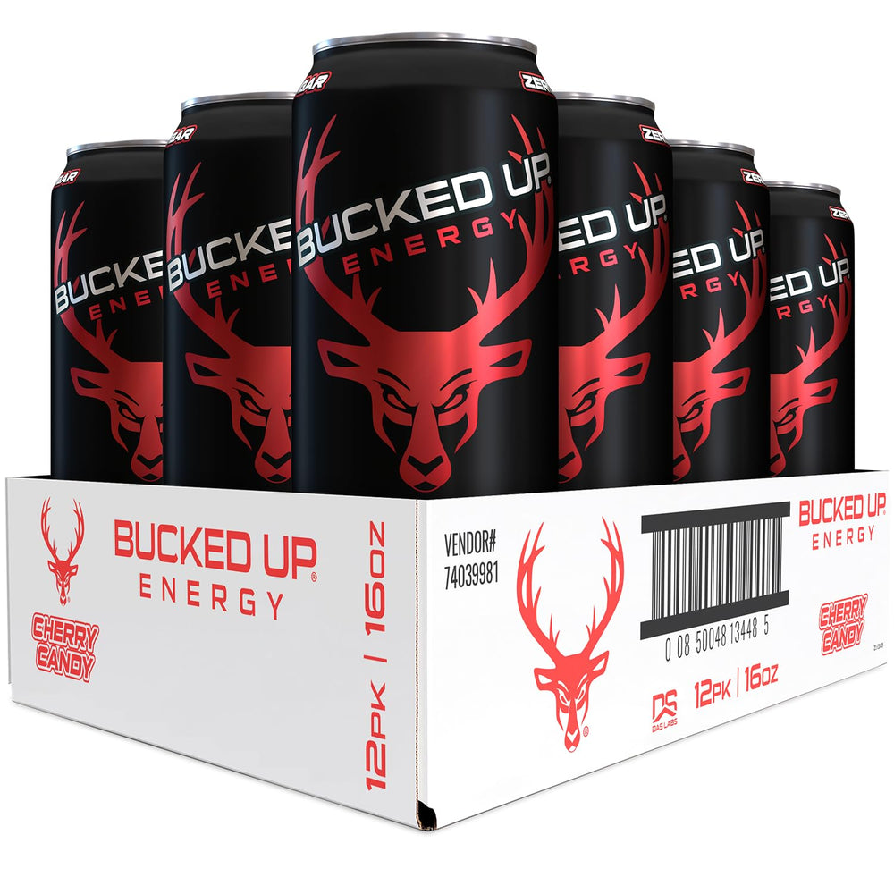 Bucked Up Energy Drink 300mg cherry can - front view offering a quick caffeine boost on the go