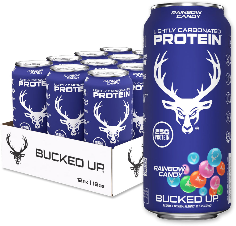 Bucked Up protein soda can display with rainbow candy flavor, 25 g protein per can, zero sugar.