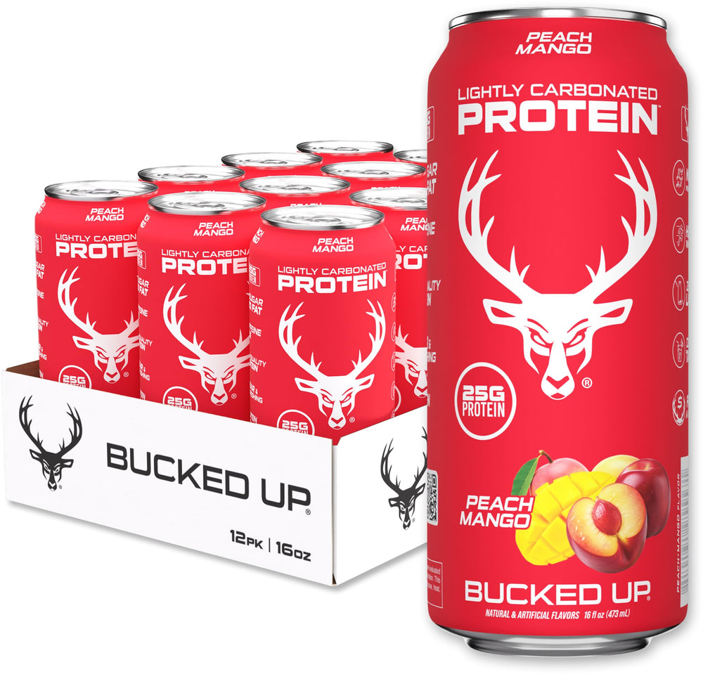 Bucked Up Lightly Carbonated Protein Soda Peach Mango can—refreshing post-workout protein sip.
