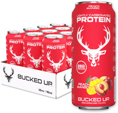 Bucked Up Lightly Carbonated Protein Soda Peach Mango can—refreshing post-workout protein sip.