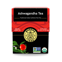 Buddha Teas Ashwagandha Root Tea box shows organic packaging for a calm caffeine-free cup.