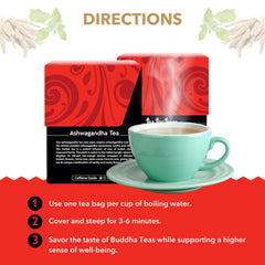 Buddha Teas Ashwagandha Root Tea packaging details convey clean ingredients.