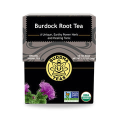 Buddha Teas Burdock Root packaging showing the box and 18 tea bags for convenient wellness