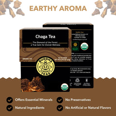 Buddha Teas Chaga Tea tea bag close-up reveals natural herbal blend.