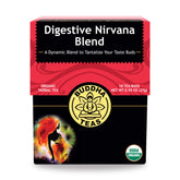 Buddha Teas Digestive Nirvana Blend packaging emphasizes organic ingredients for digestive comfort.